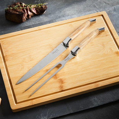 Laguiole By Hâws Carving Knife And Fork Set W/ Cutting Board Olive - Vägledande Utförsäljningspris 699,-