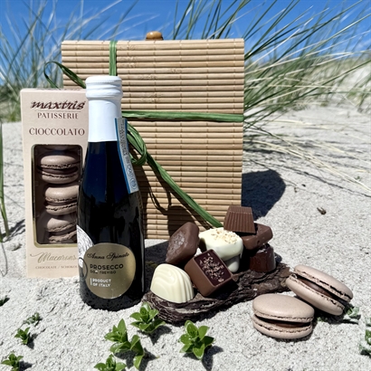 Bambulåda med Prosecco, Belgiska Gourmet Dessertchoklad och Macarons