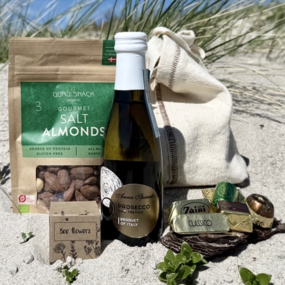 Rustik bomullspåse med Prosecco, Blomsteräng och Snacks
