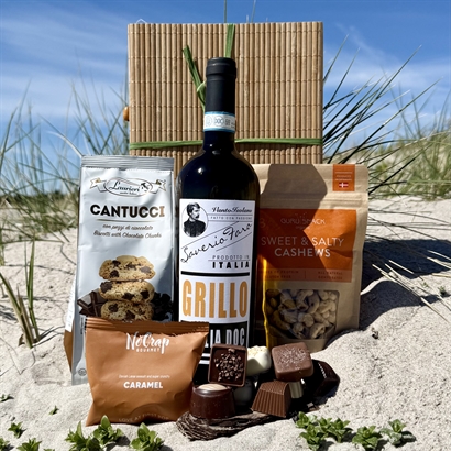 Bambulåda med Vitt vin, Belgisk choklad, Cantucci och Cashewnötter
