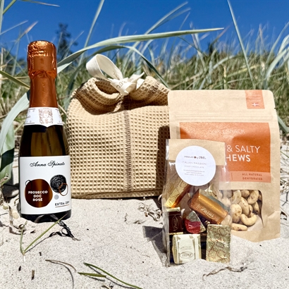 Våffelvävd bomullspåse med Rosé Prosecco och Snacks