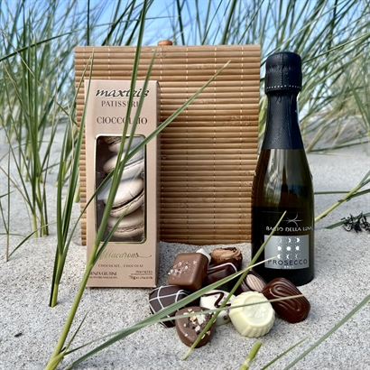 Bambulåda med Prosecco, Belgiska Gourmet Dessertchoklad och Macarons