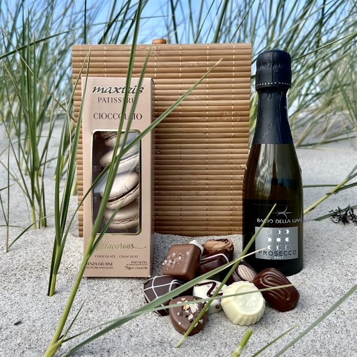Bambulåda med Prosecco, Belgiska Gourmet Dessertchoklad och Macarons