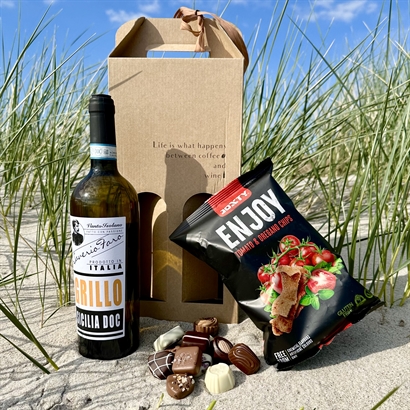 Sommarpresent med Vitt vin, Belgisk Gourmetchoklad och Snacks