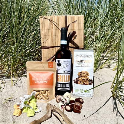 Bambulåda med Vitt vin, Belgisk choklad, Cantucci och Cashewnötter