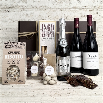 Lyxkorg med Barolo, choklad, risotto och snacks.