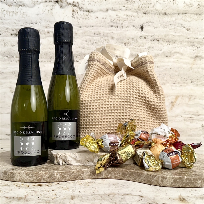 Våffelvävd Bomullspåse med Prosecco och Lyxig Chokladblandning 500 gram