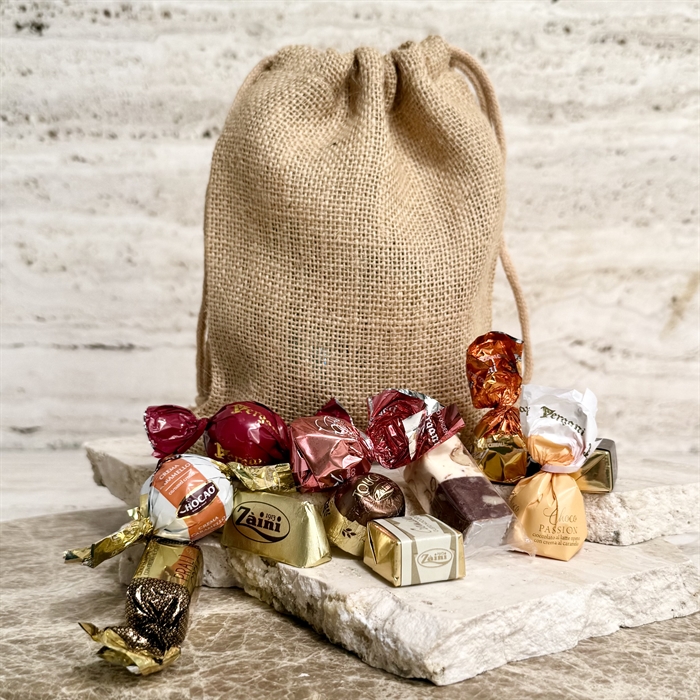 Jutesäck med 400 gram lyxig chokladblandning