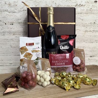 Alkoholfri företagsgåva med fransk cider, brända mandlar, snacks och choklad