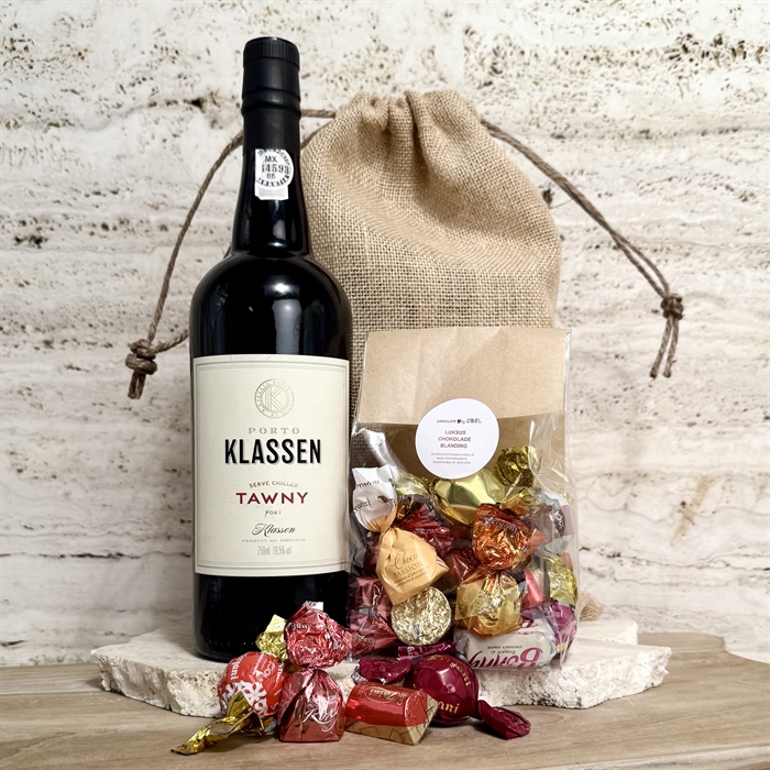 Portvin klassen Tawny & 200 gram lyxig chokladblandning i julsäck