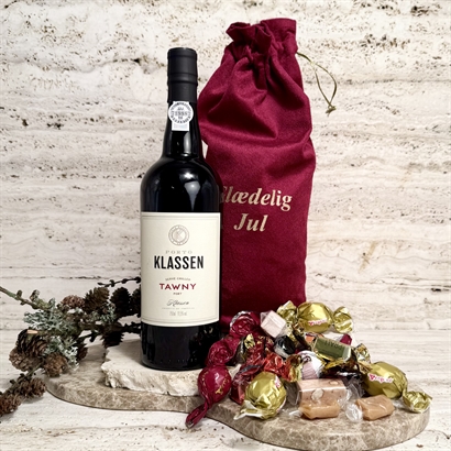 Velourpåse med Tawny portvin & 300 gram lyxig chokladblandning