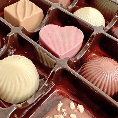 Vacker träask med 9 st. dansk handgjord dessertchoklad och 200 gram lyxig chokladblandning