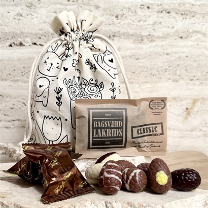 Ekologisk påse med påsktryck - Belgiska påskägg, Bagsværd lakrits och chokladtryfflar
