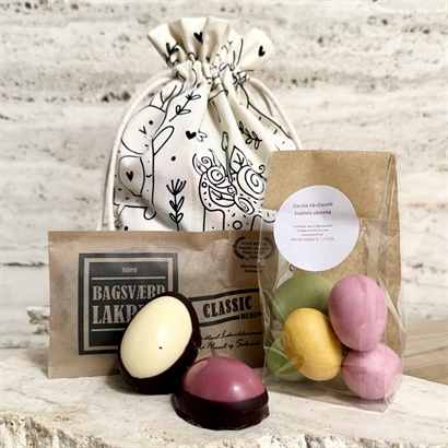 Ekologisk påse med påsktryck - Stora Danske påskägg, Anthon Berg och Bagsværd lakrits