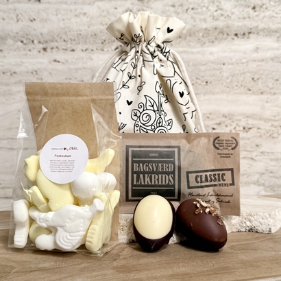 Ekologisk påse med påsktryck - Stora Danske påskägg, Anthon Berg och Bagsværd lakrits