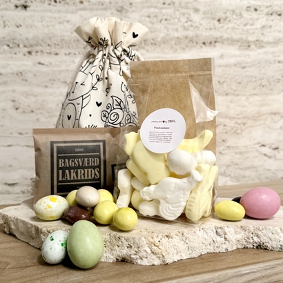Ekologisk påse med påsktryck - Stora Danske påskägg, Anthon Berg och Bagsværd lakrits